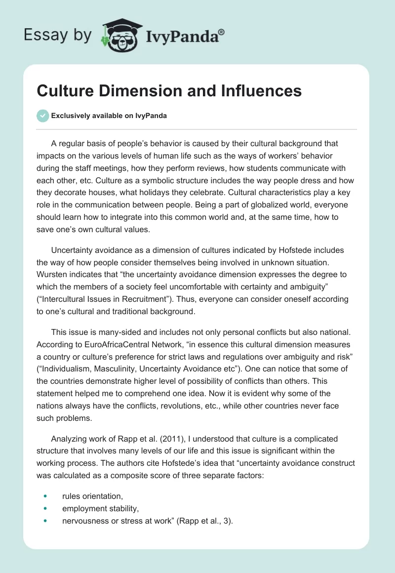 Culture Dimension and Influences. Page 1
