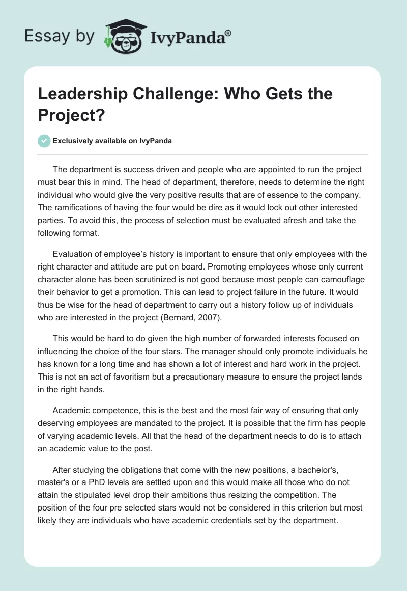 Leadership Challenge: Who Gets the Project?. Page 1