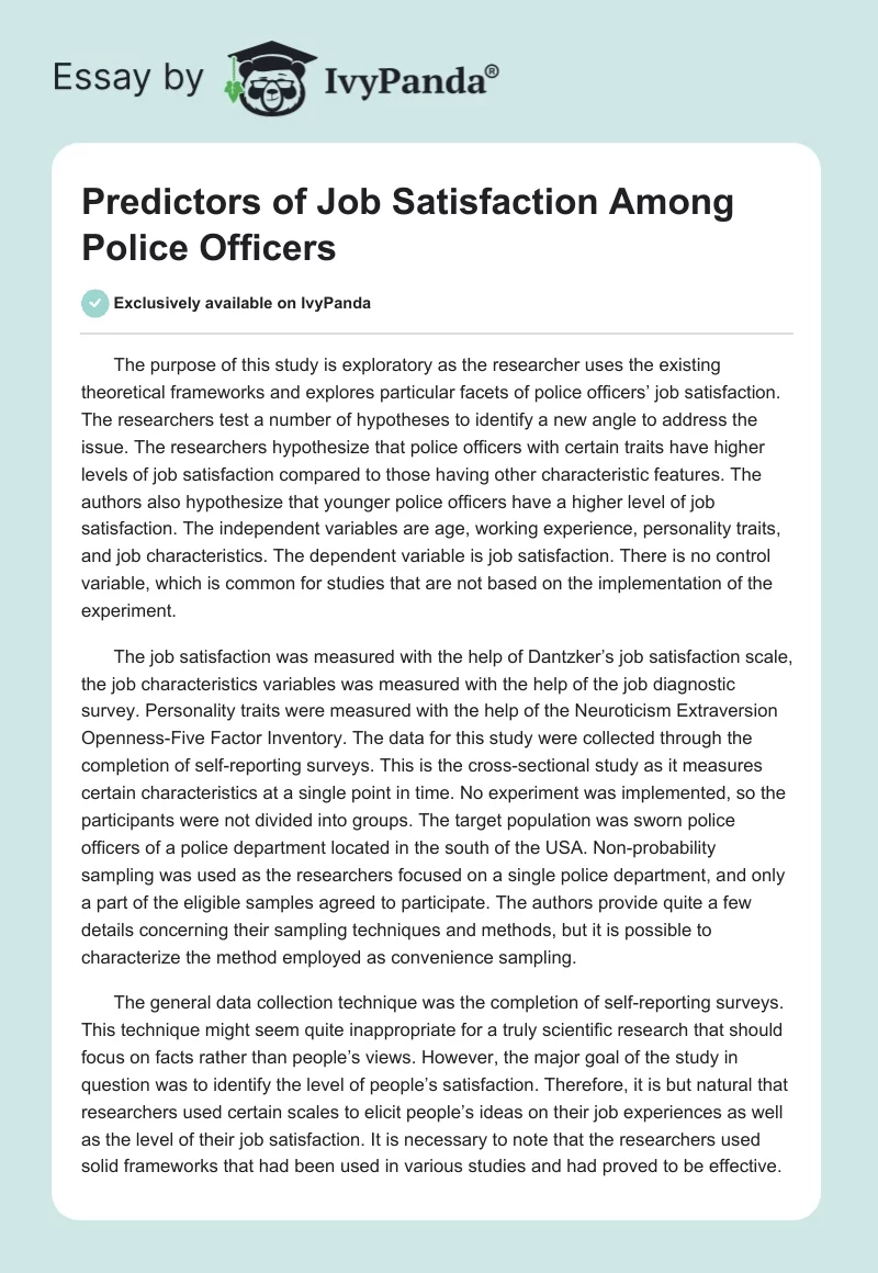 Predictors of Job Satisfaction Among Police Officers. Page 1