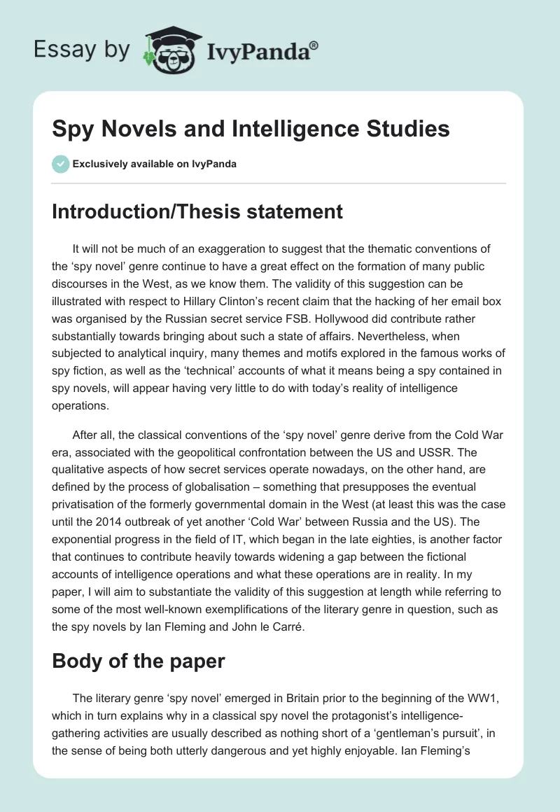 "Spy Novels" and Intelligence Studies. Page 1