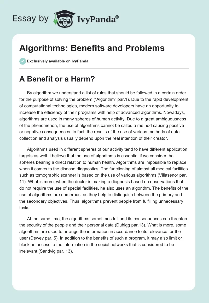 Algorithms: Benefits and Problems. Page 1