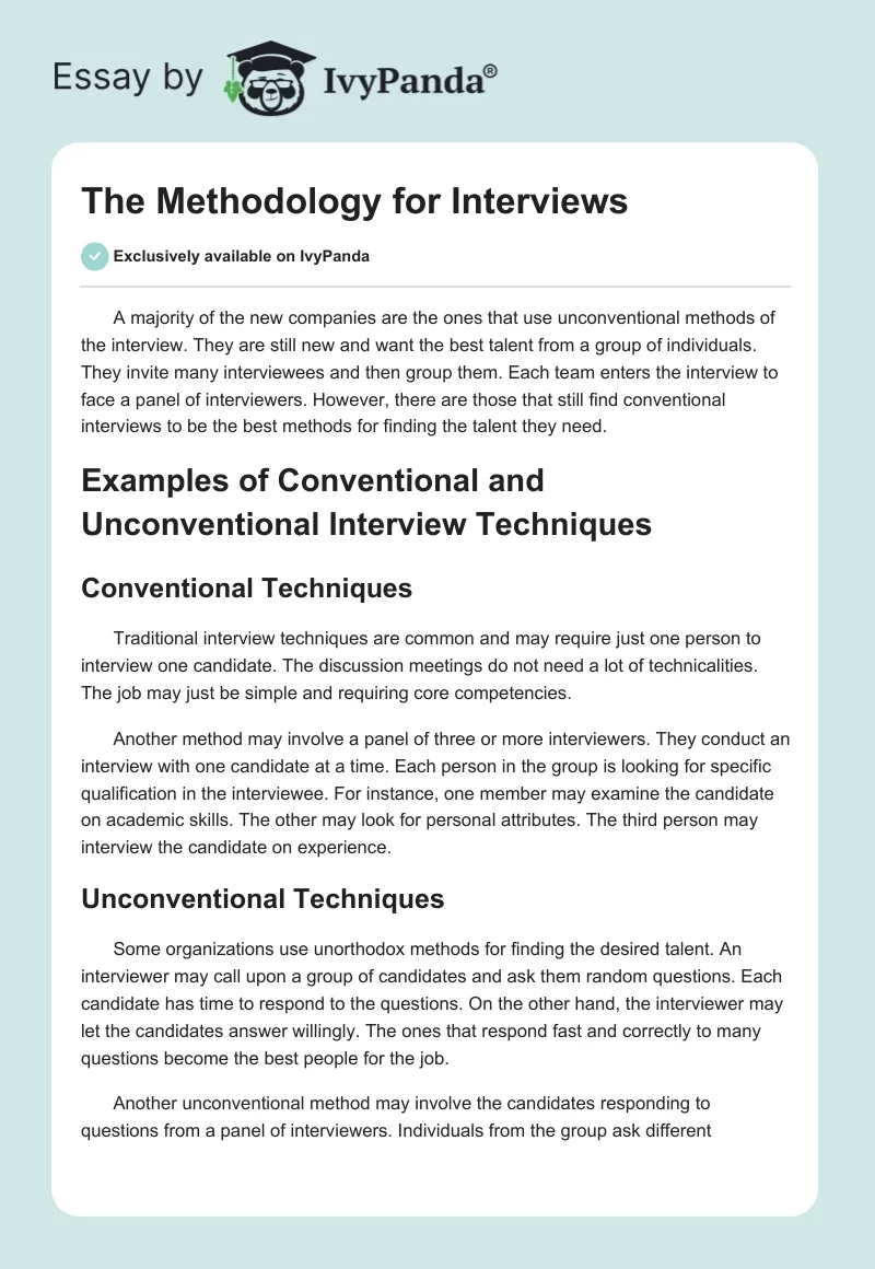 The Methodology for Interviews. Page 1