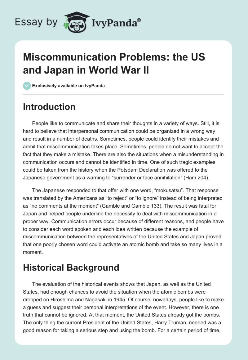 Miscommunication Problems: the US and Japan in World War II. Page 1