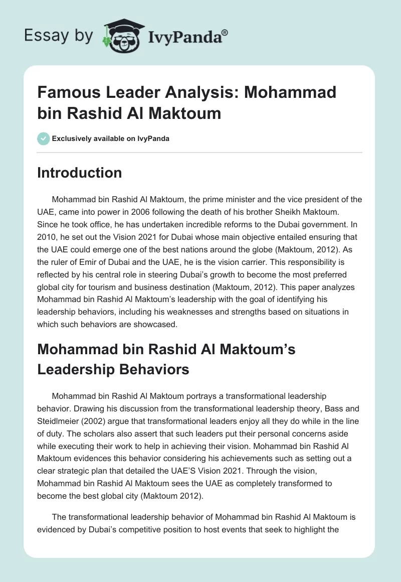 Famous Leader Analysis: Mohammad bin Rashid Al Maktoum. Page 1