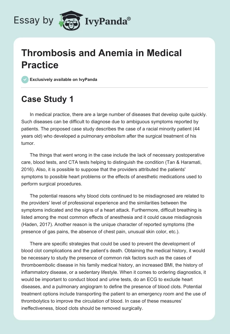 Thrombosis and Anemia in Medical Practice. Page 1