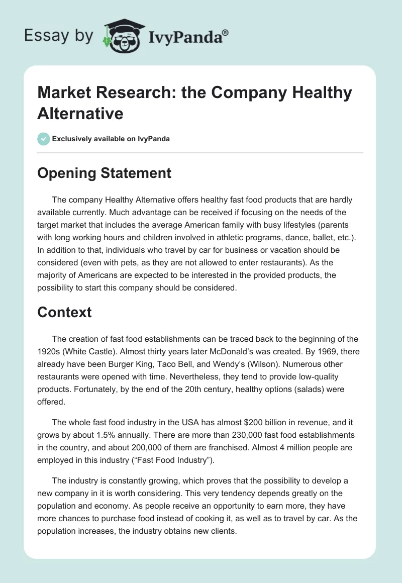 Market Research: the Company "Healthy Alternative". Page 1