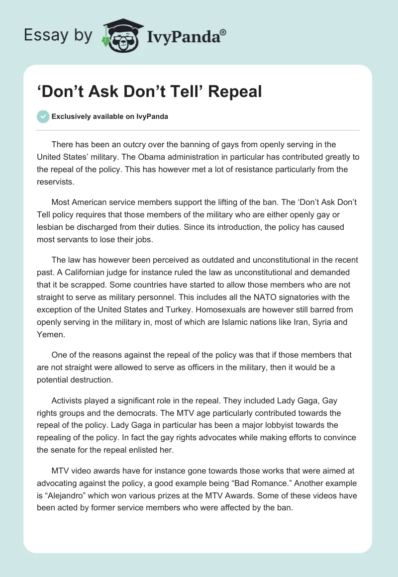 ‘Don’t Ask Don’t Tell’ Repeal. Page 1