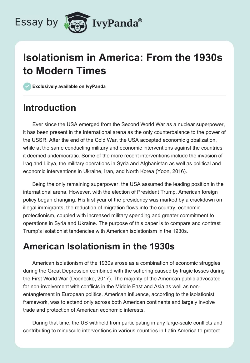 Isolationism in America: From the 1930s to Modern Times. Page 1