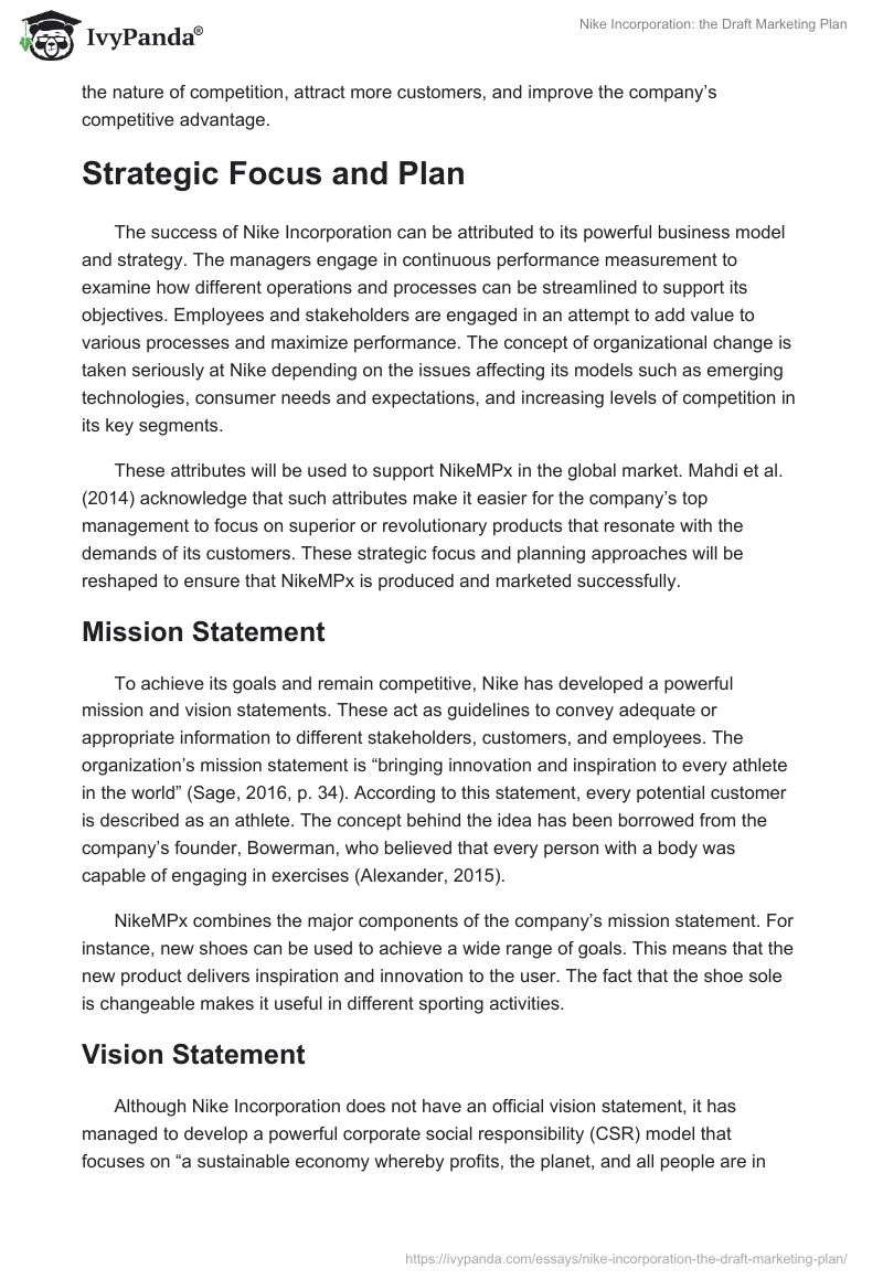 Nike Incorporation: The Draft Marketing Plan. Page 2