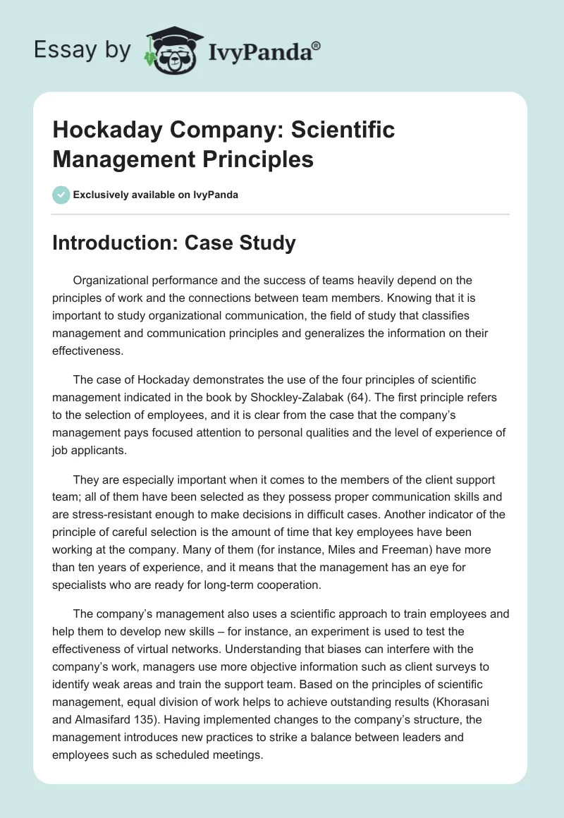 Hockaday Company: Scientific Management Principles. Page 1