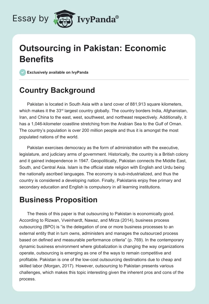 Outsourcing in Pakistan: Economic Benefits. Page 1