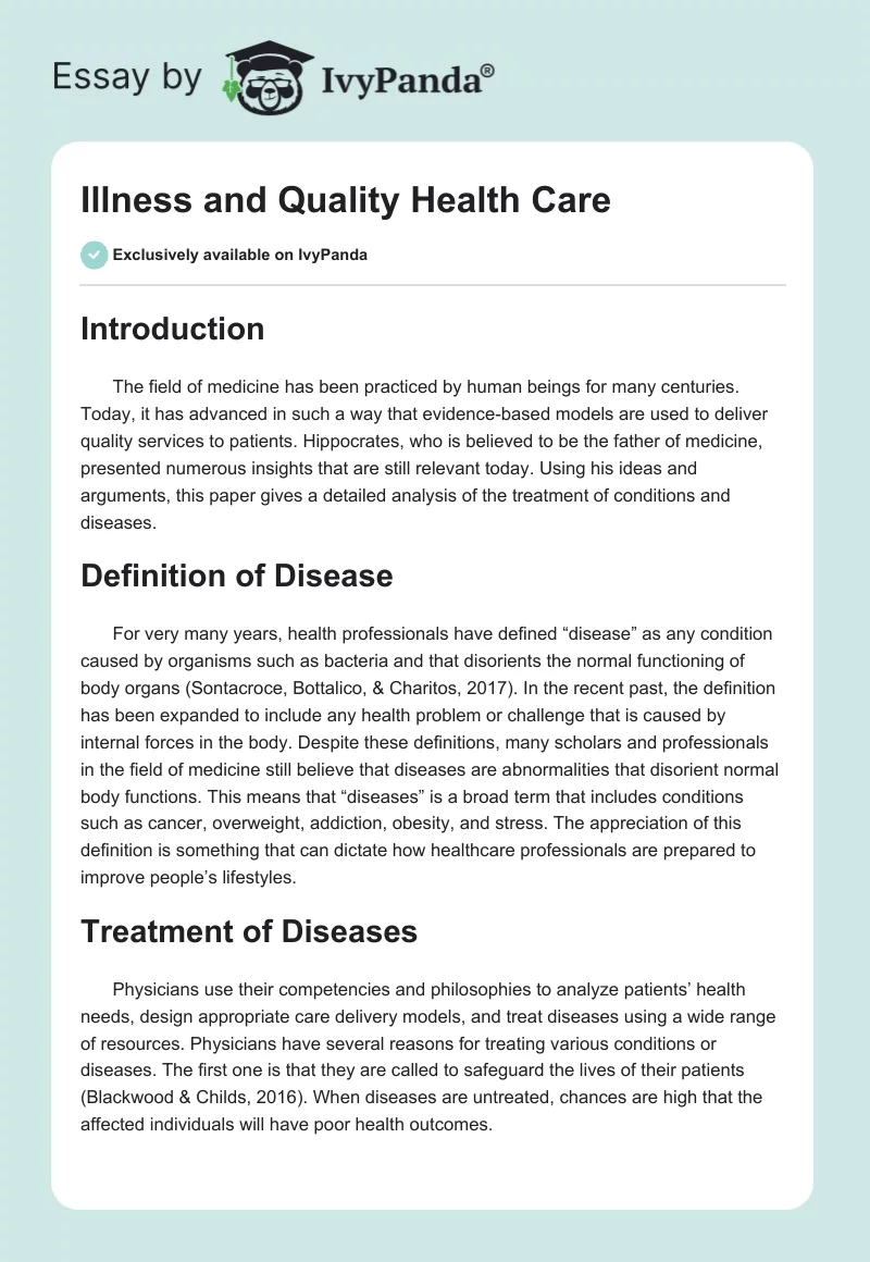 Illness and Quality Health Care. Page 1