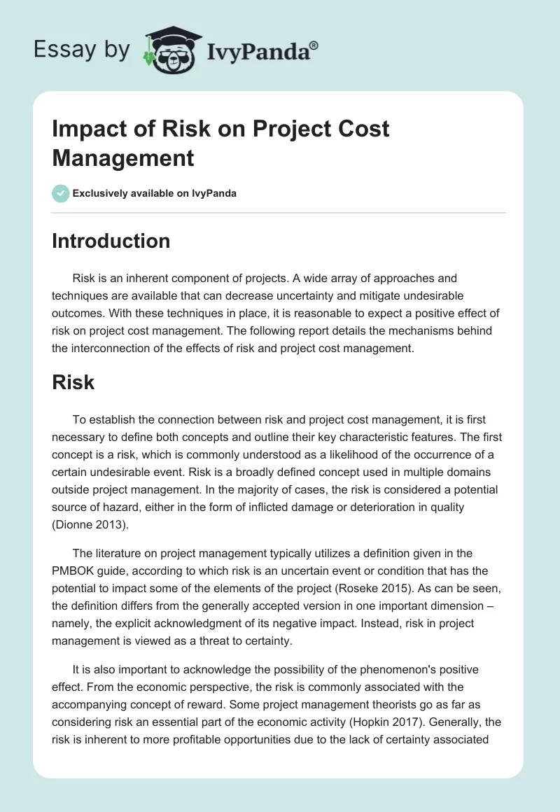 Impact of Risk on Project Cost Management. Page 1