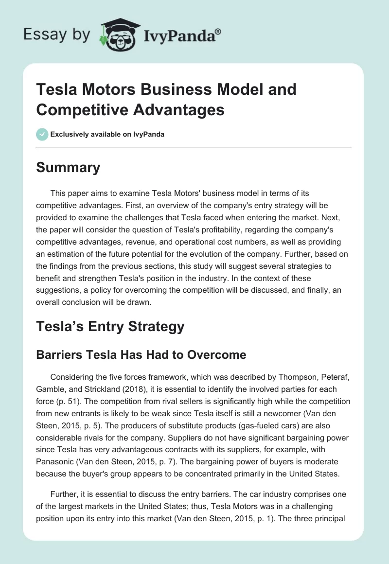 Tesla Motors Business Model and Competitive Advantages. Page 1