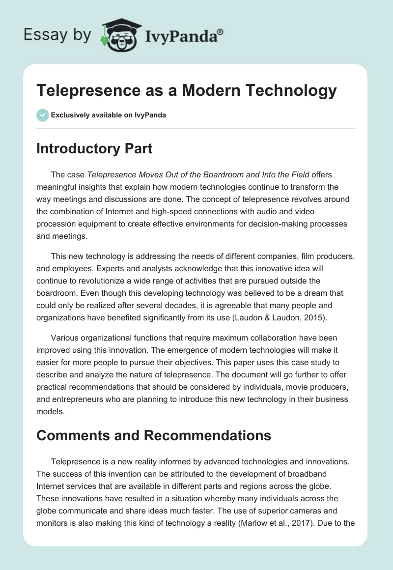 Telepresence as a Modern Technology. Page 1