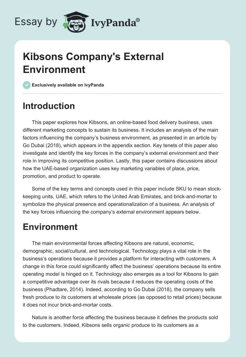 Kibsons Company's External Environment. Page 1