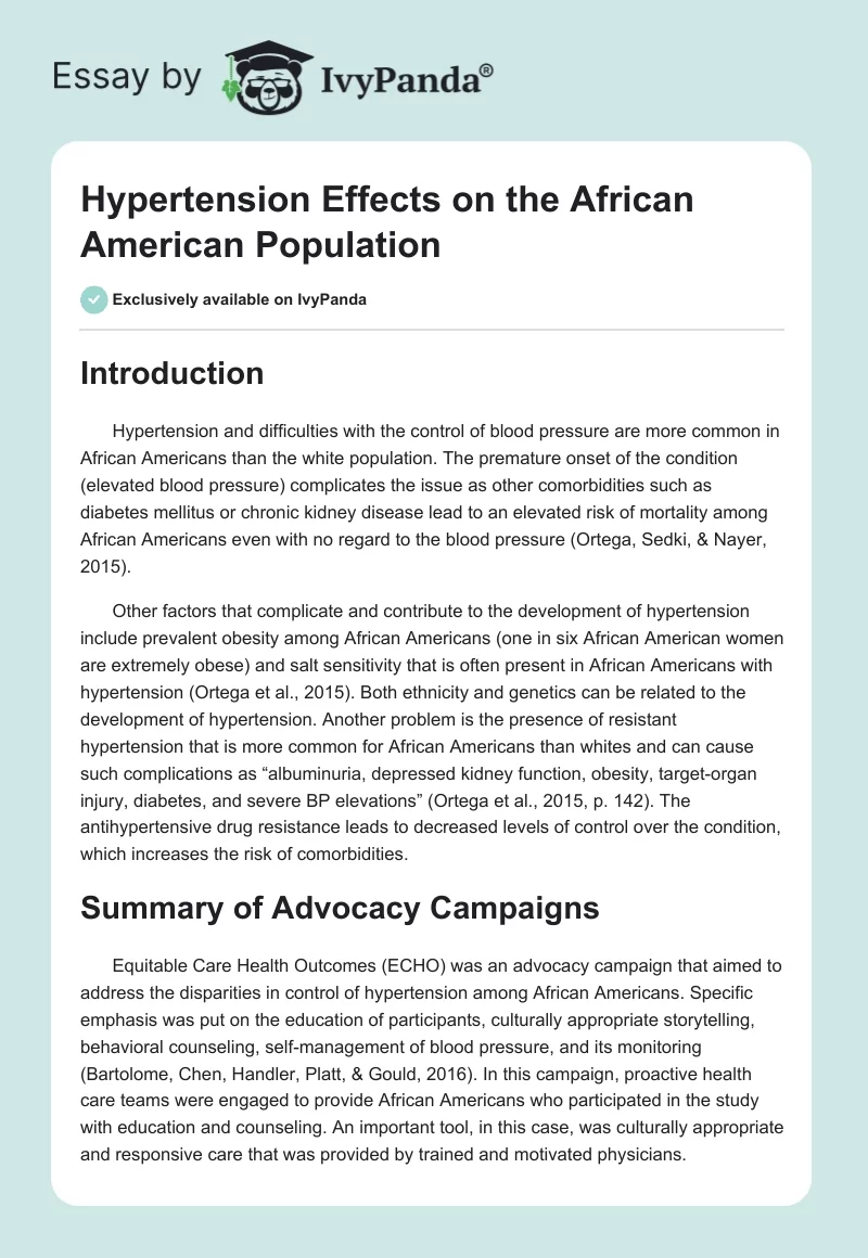 Hypertension Effects on the African American Population. Page 1