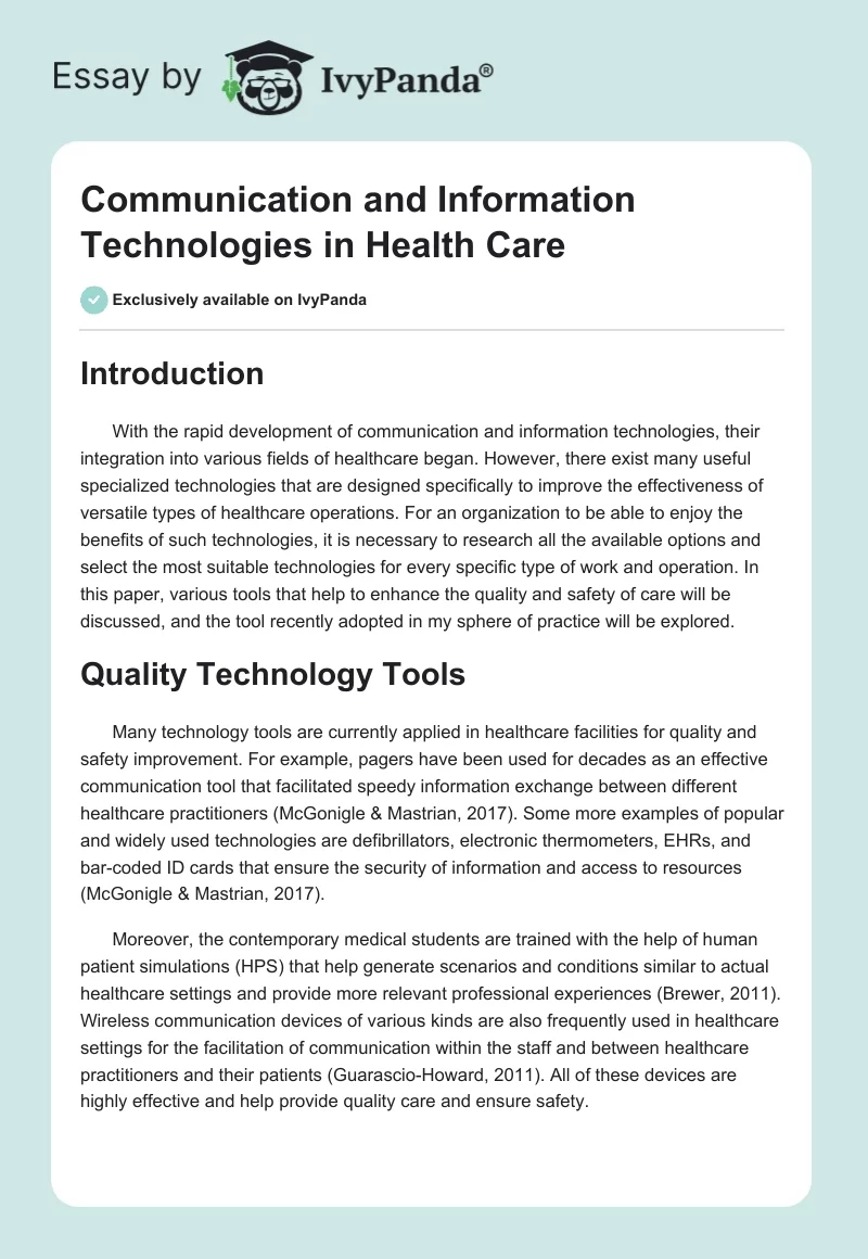Communication and Information Technologies in Health Care. Page 1