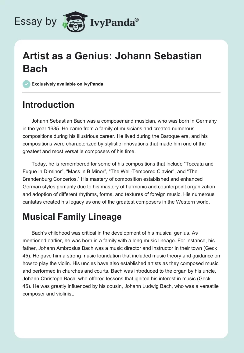 Artist as a Genius: Johann Sebastian Bach. Page 1