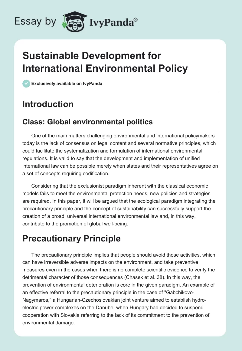 Sustainable Development for International Environmental Policy. Page 1