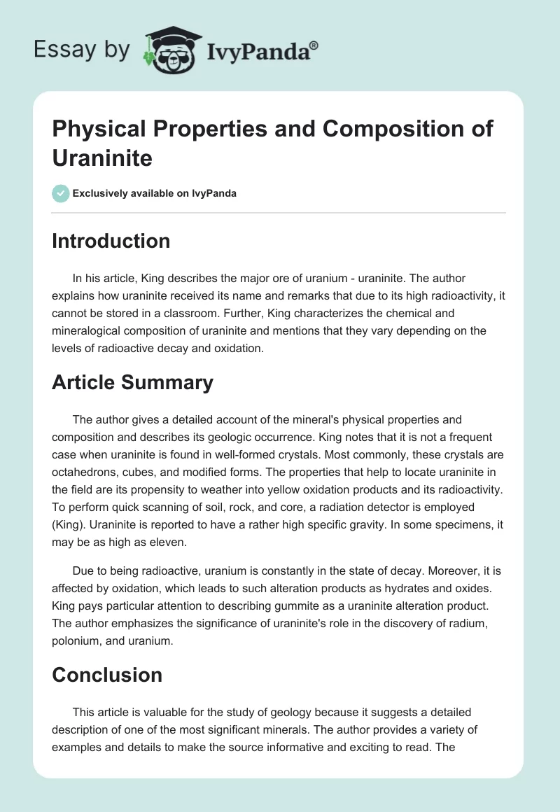 Physical Properties and Composition of Uraninite. Page 1