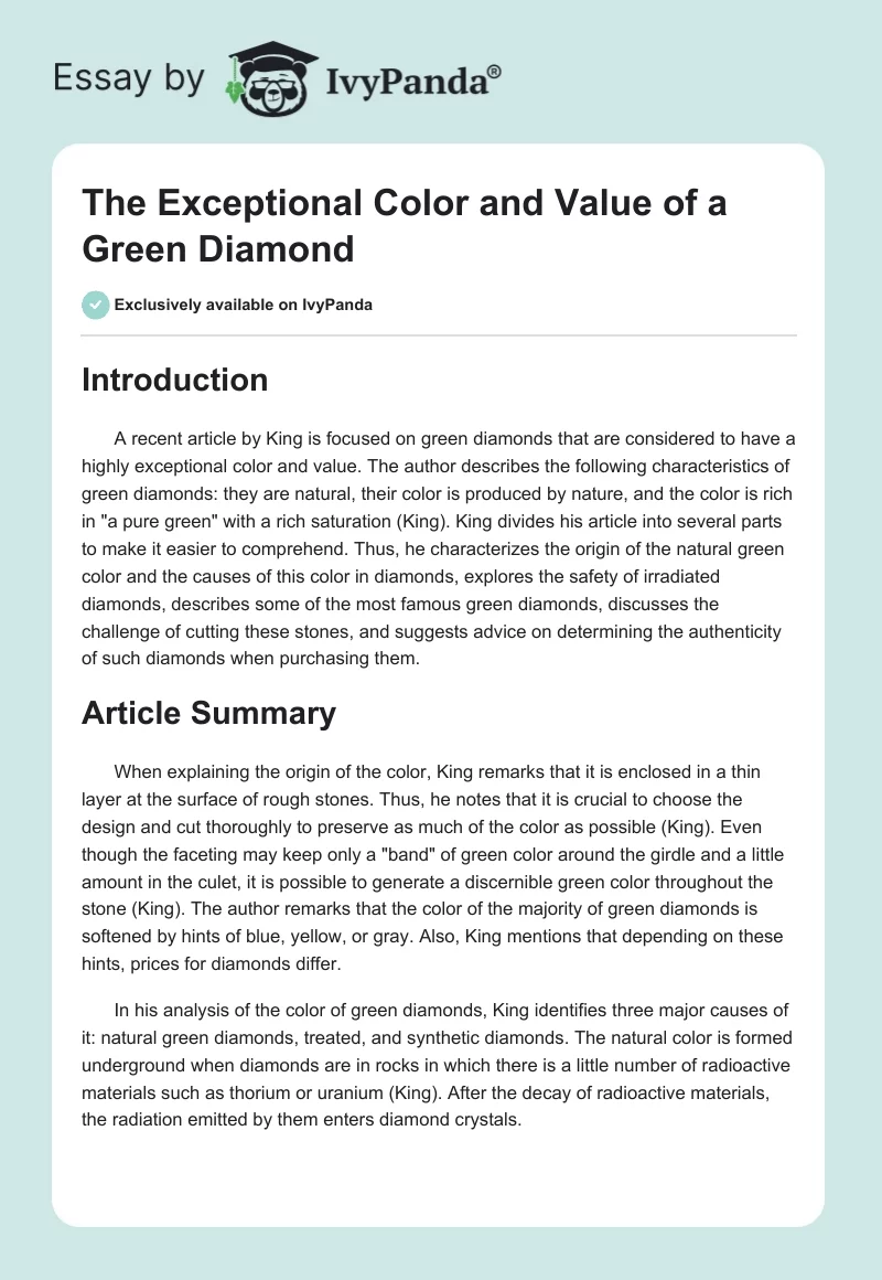The Exceptional Color and Value of a Green Diamond. Page 1