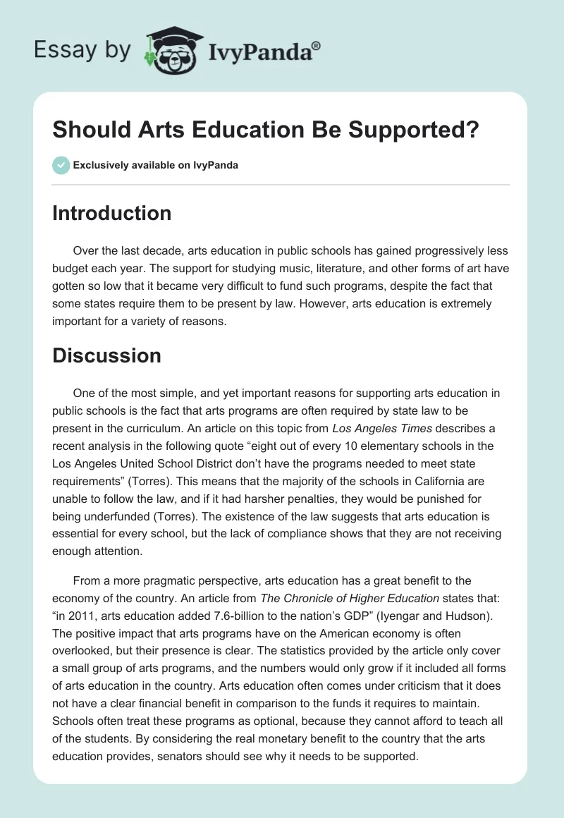 Should Arts Education Be Supported?. Page 1