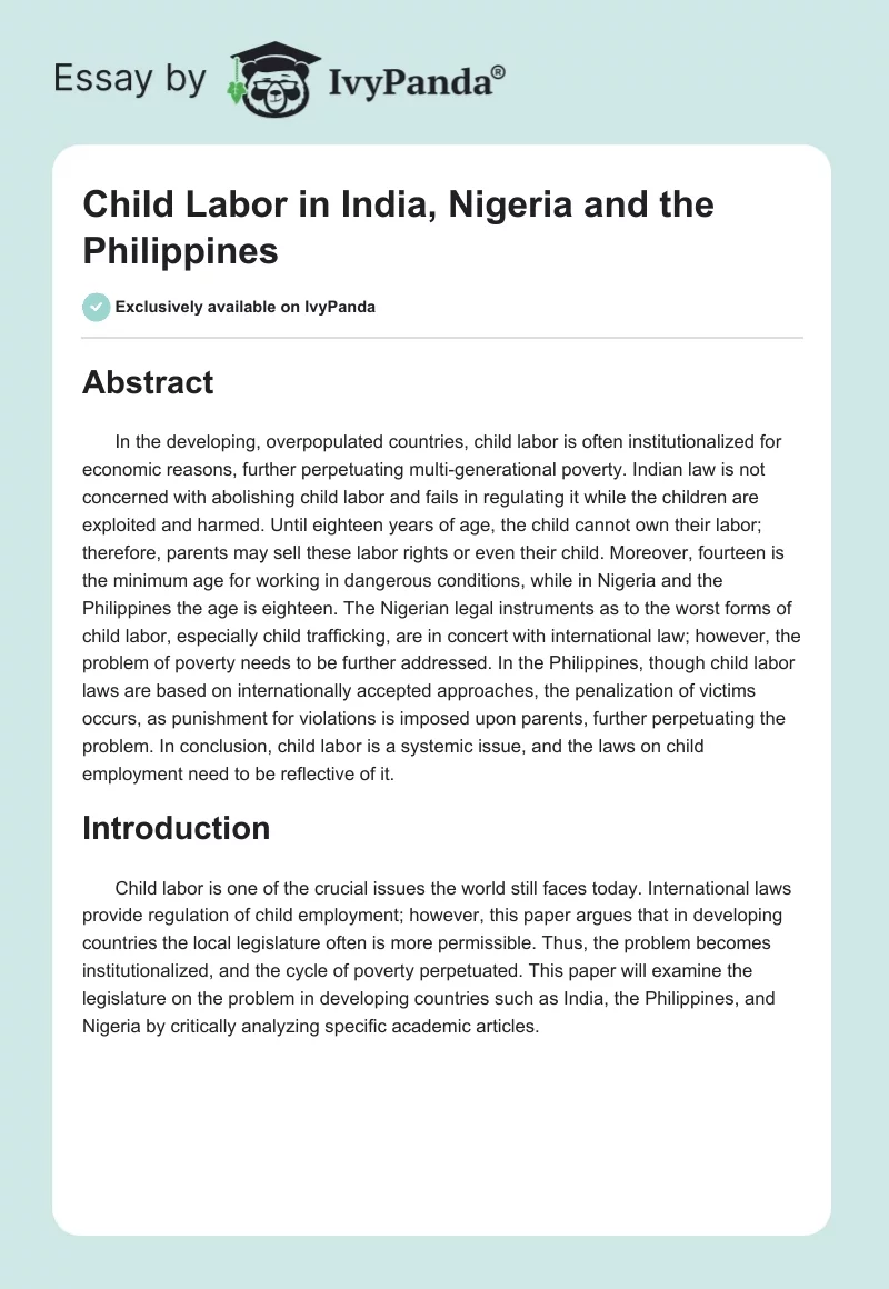 Child Labor in India, Nigeria and the Philippines. Page 1