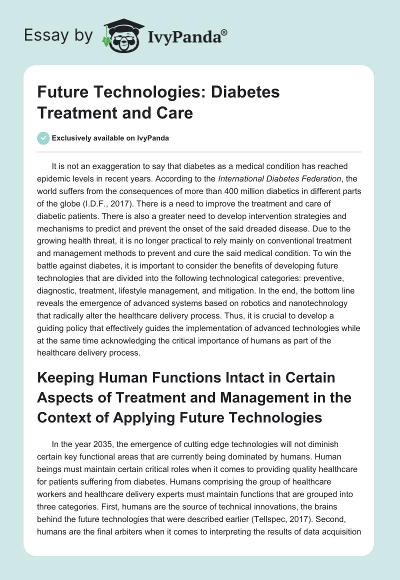Future Technologies: Diabetes Treatment and Care. Page 1