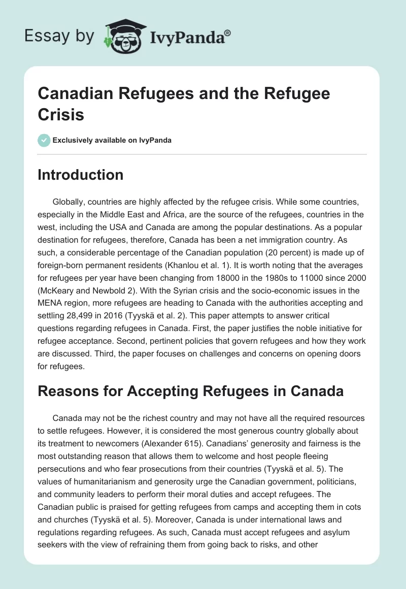 Canadian Refugees and the Refugee Crisis. Page 1