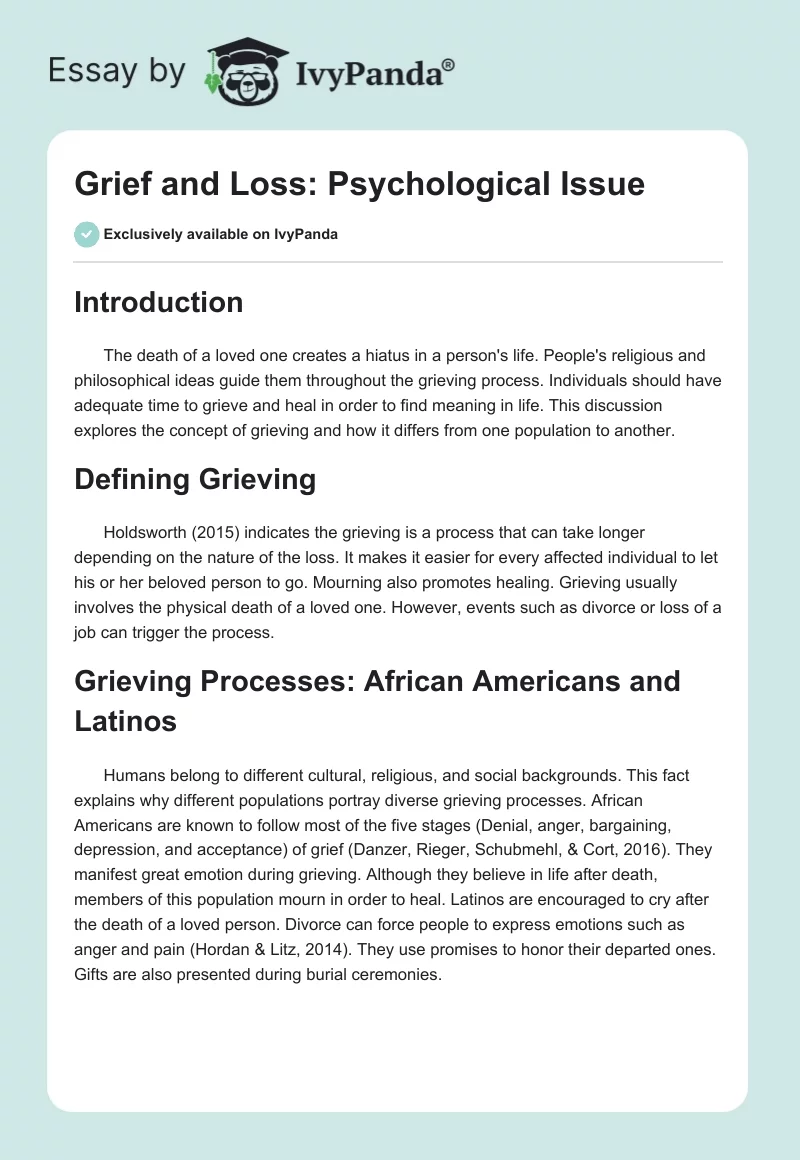 Grief and Loss: Psychological Issue. Page 1