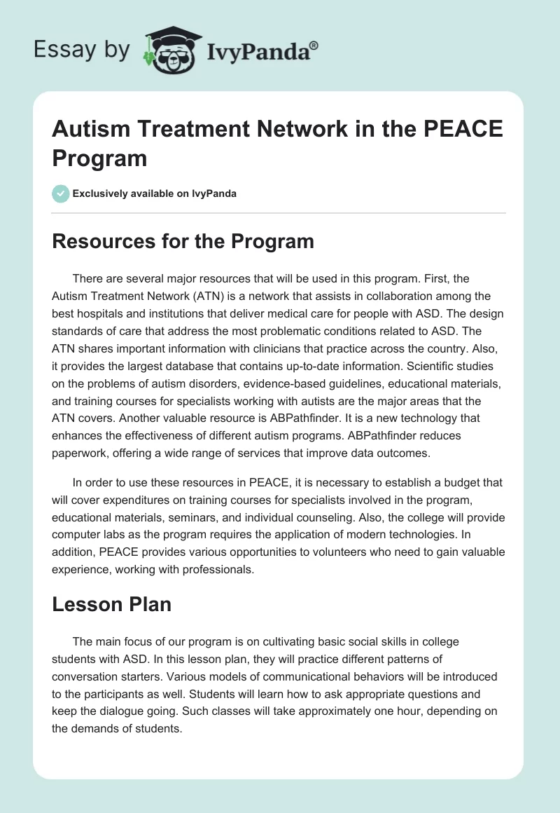 Autism Treatment Network in the PEACE Program. Page 1