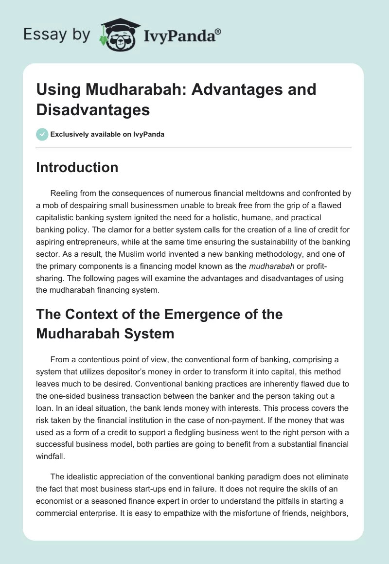 Using Mudharabah: Advantages and Disadvantages. Page 1