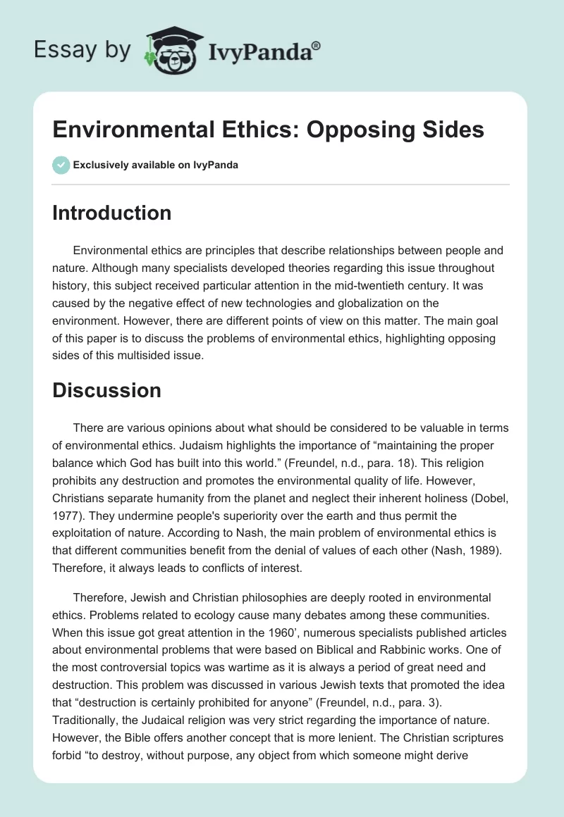 Environmental Ethics: Opposing Sides. Page 1
