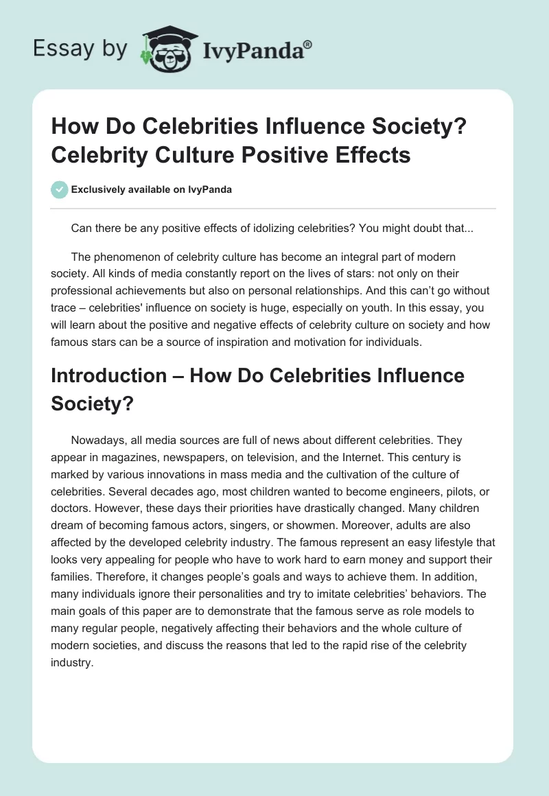How Do Celebrities Influence Society? Celebrity Culture Positive Effects. Page 1