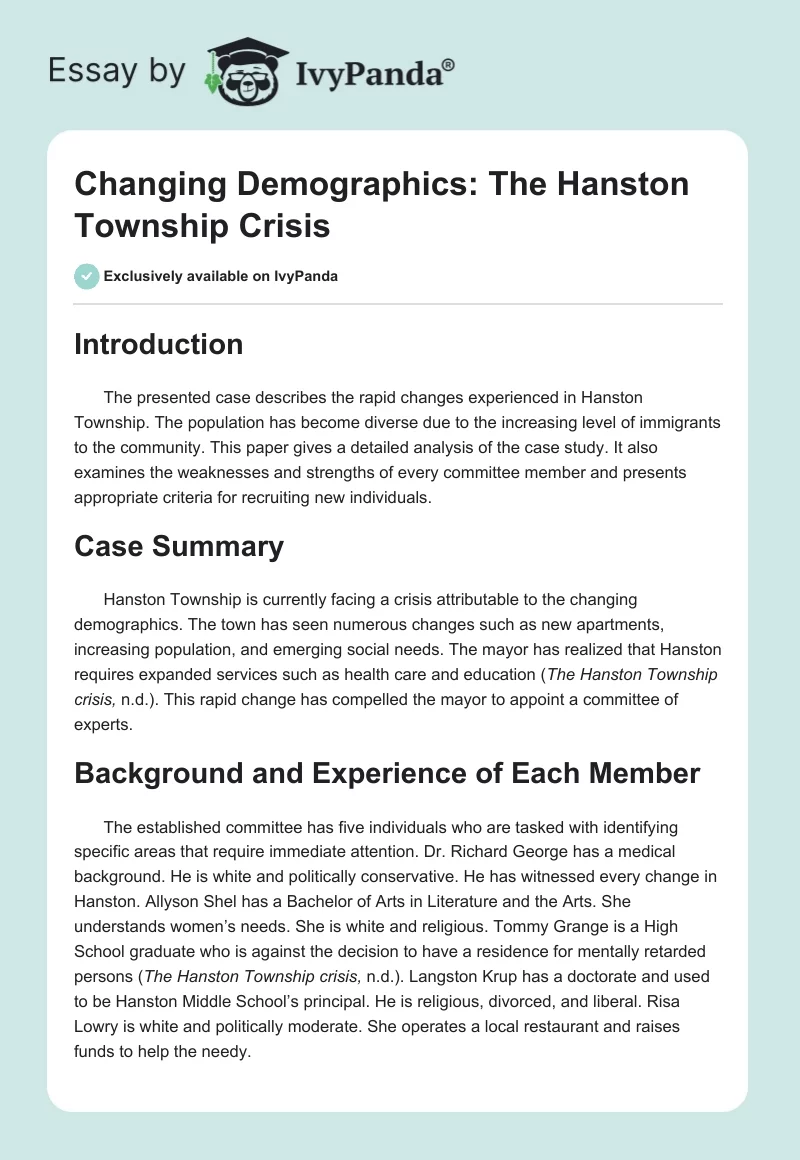 Changing Demographics: The Hanston Township Crisis. Page 1