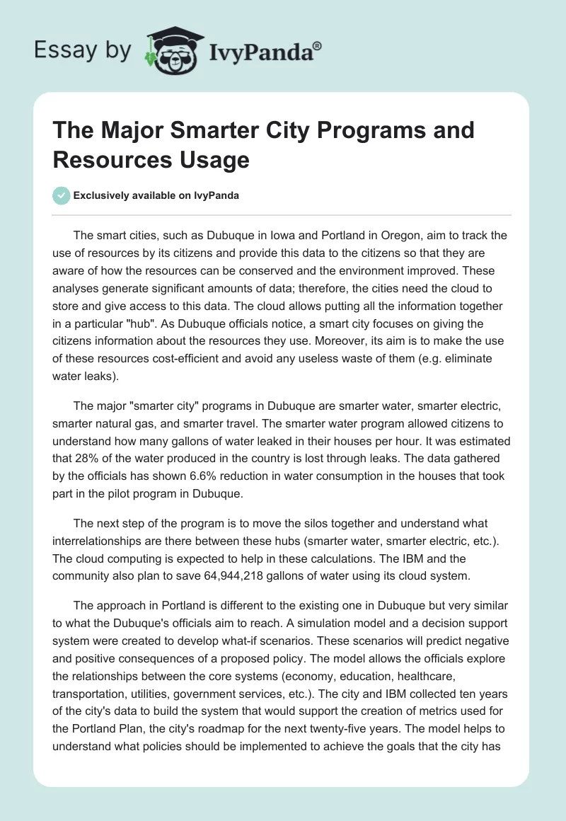 The Major "Smarter City" Programs and Resources Usage. Page 1