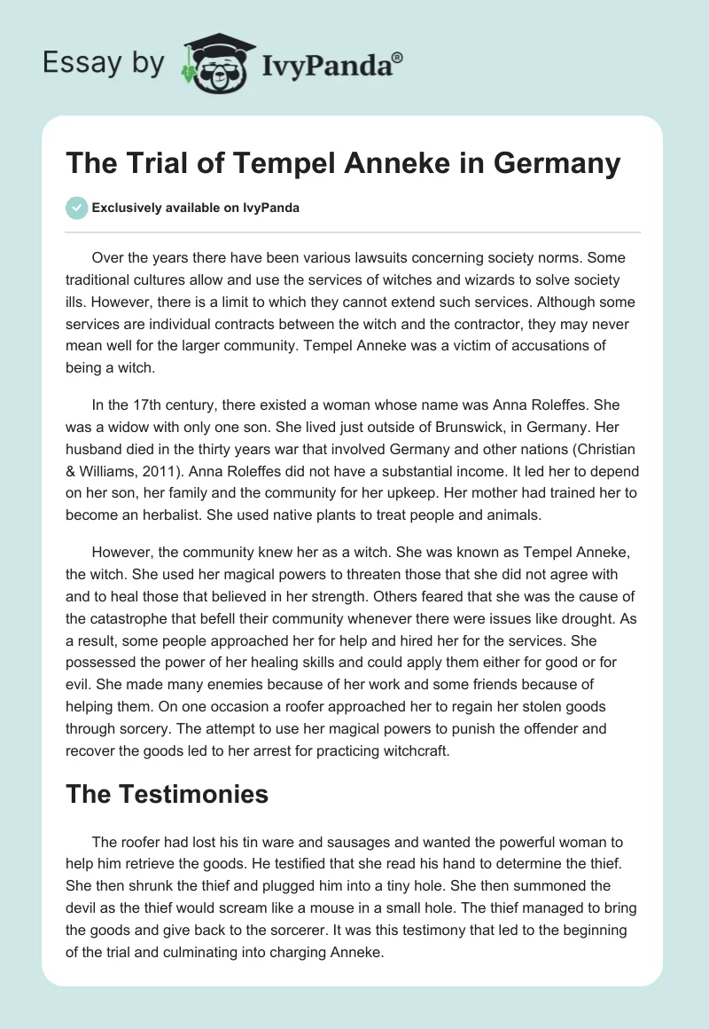 The Trial of Tempel Anneke in Germany. Page 1