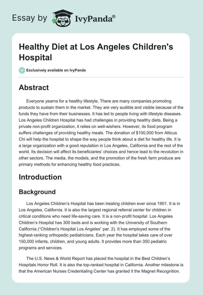 Healthy Diet at Los Angeles Children's Hospital. Page 1