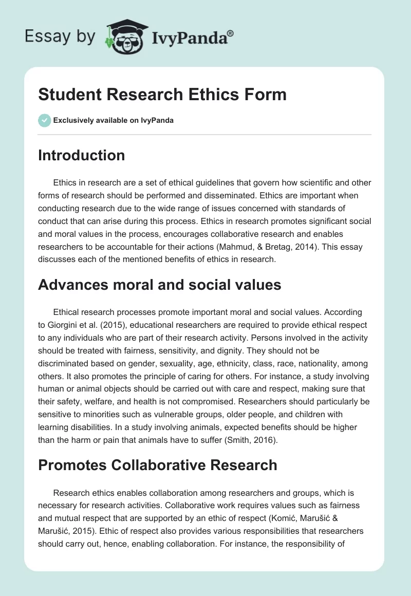 Student Research Ethics Form. Page 1