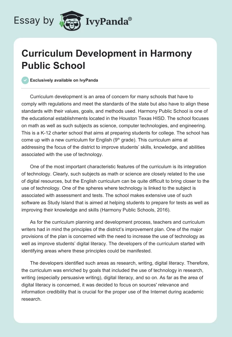 Curriculum Development in Harmony Public School. Page 1