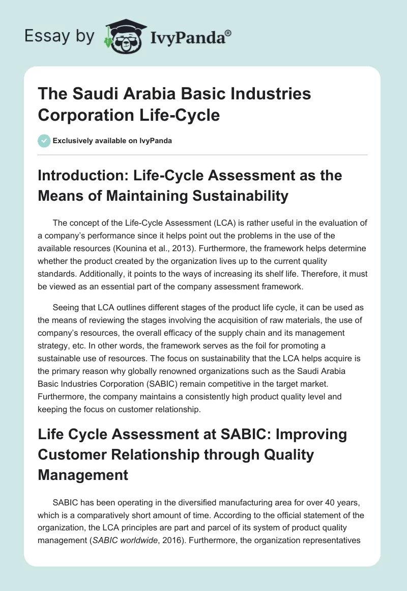 The Saudi Arabia Basic Industries Corporation Life-Cycle. Page 1