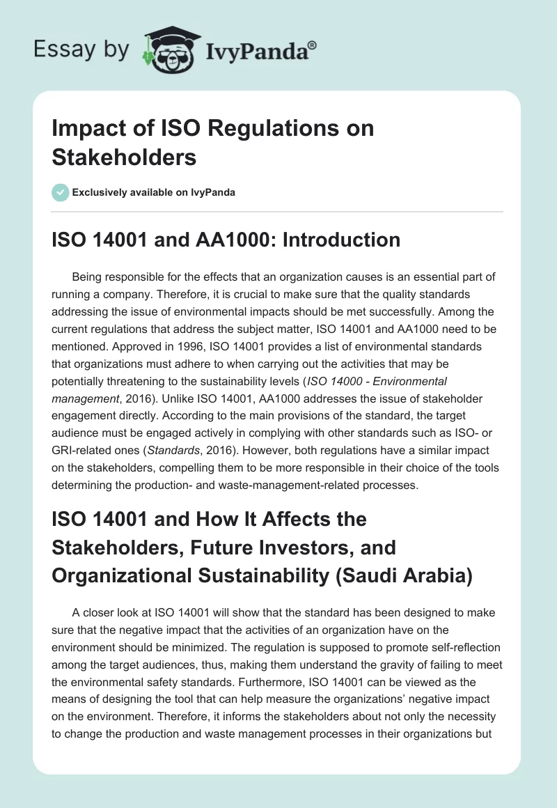 Impact of ISO Regulations on Stakeholders. Page 1