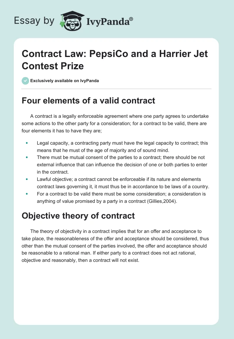 Contract Law: PepsiCo and a Harrier Jet Contest Prize. Page 1