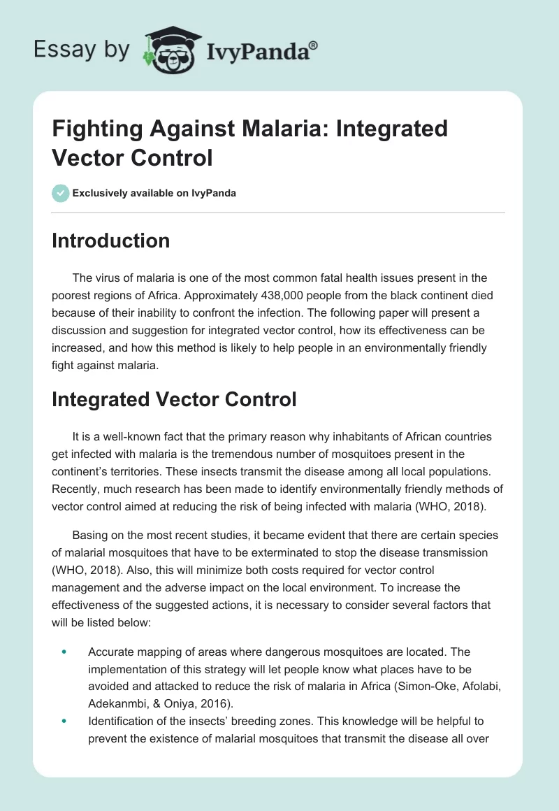 Fighting Against Malaria: Integrated Vector Control. Page 1