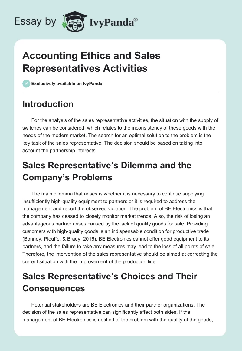 Accounting Ethics and Sales Representatives Activities. Page 1