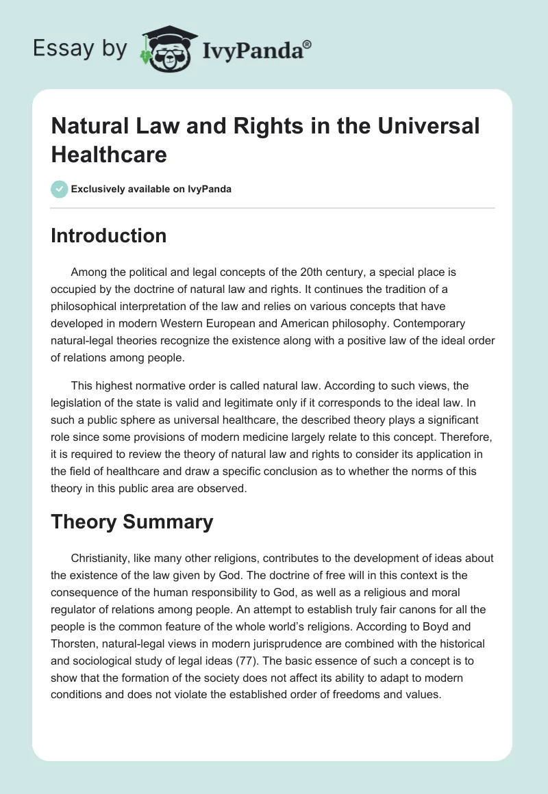 Natural Law and Rights in the Universal Healthcare. Page 1