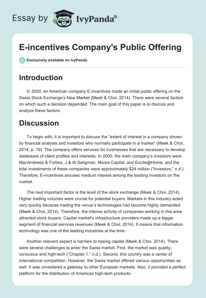 E-incentives Company's Public Offering. Page 1