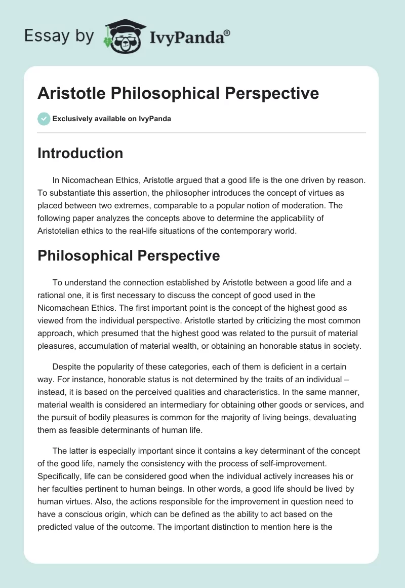 Aristotle Philosophical Perspective. Page 1
