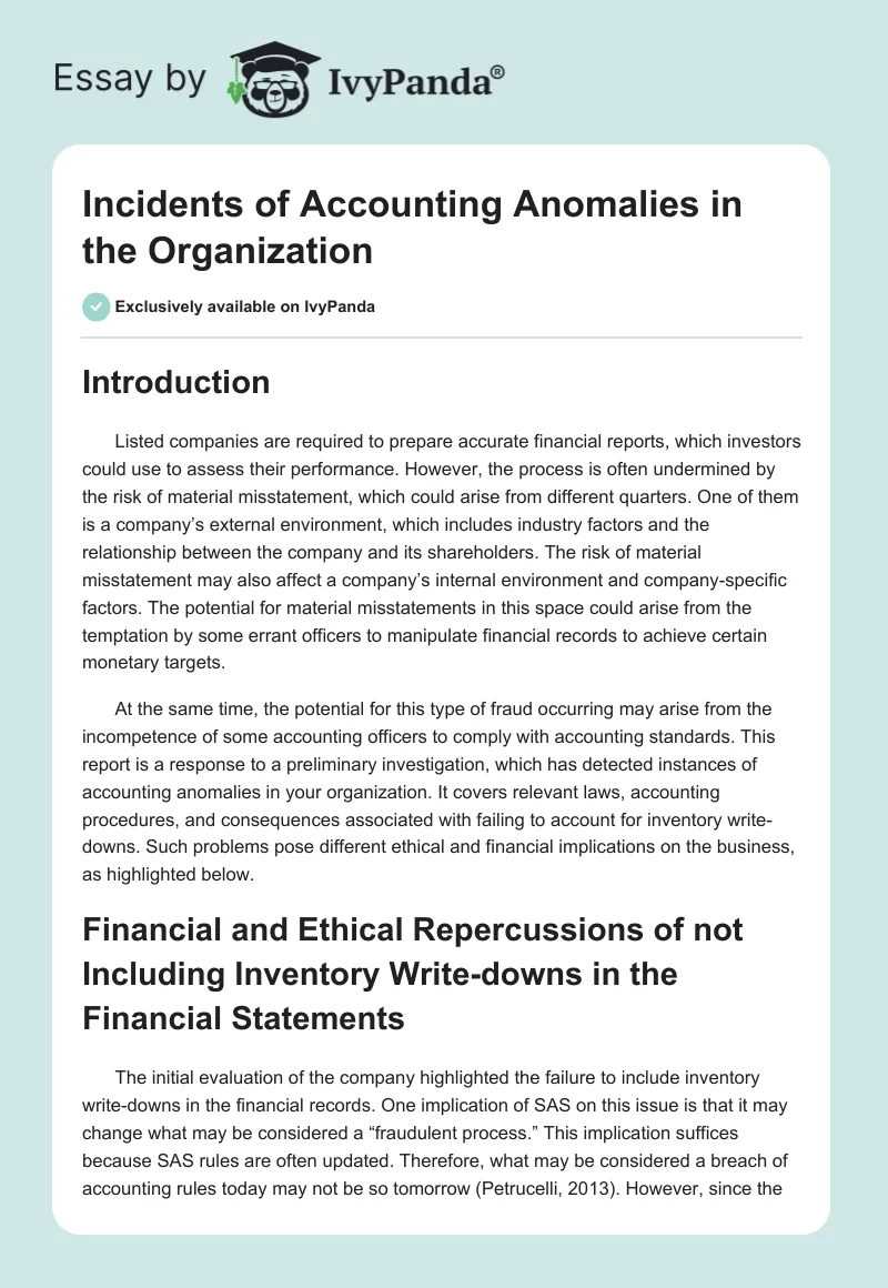 Incidents of Accounting Anomalies in the Organization. Page 1
